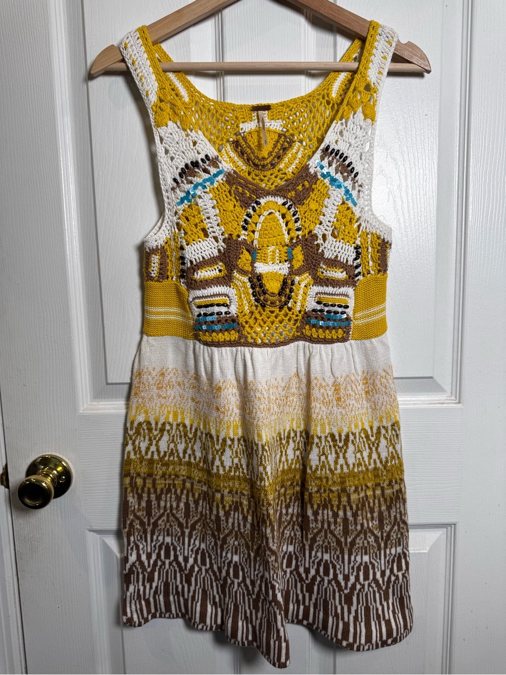 Free People Crochet Beaded Boho Sweater Dress Mustard Brown Cream Size Small